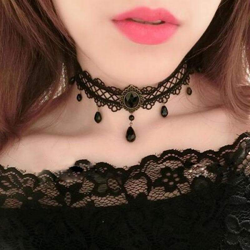 Rhinestone Black Victorian Lace Chokers - SexyBling